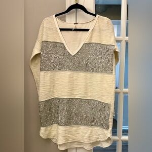 Fabulous embellished striped Free People Cream and Gray Tunic Top sz S NWT